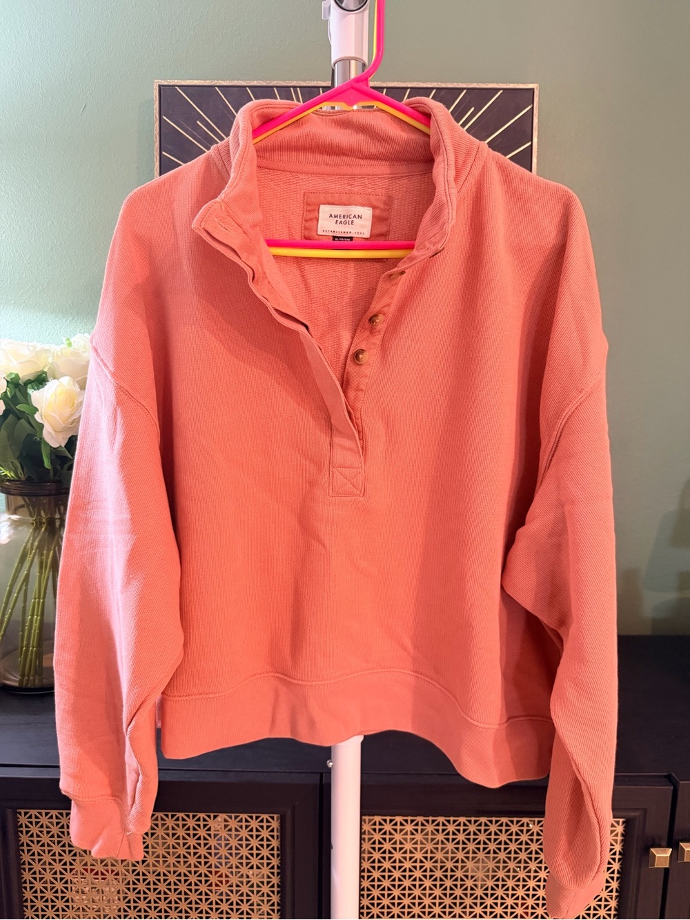 American Eagle Outfitters Coral Button-Front Pullover Sweatshirt